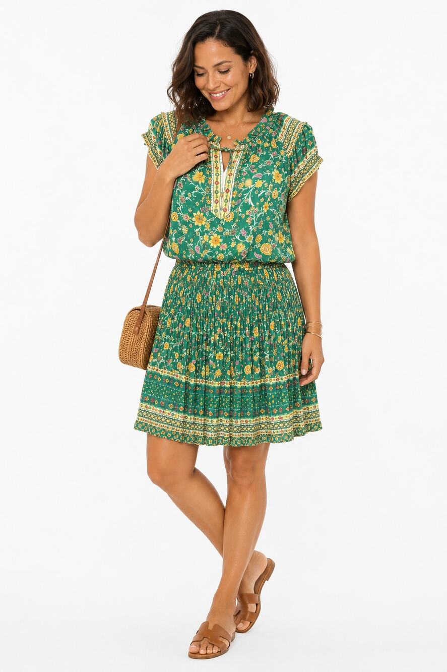 Current Air Green Floral Smocked Waist Mini Dress Boho Resort Size L